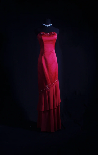 Elegant Sheath Red Long Prom Dresses Strapless Birthday Dresses Beaded Satin Sleevless Evening Dresses DP04427