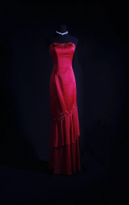 Elegant Sheath Red Long Prom Dresses Strapless Birthday Dresses Beaded Satin Sleevless Evening Dresses DP04427