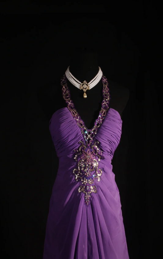 Elegant Sheath Purple Long Prom Dresses V-neck Birthday Dresses Beaded Chiffon Sleevless Evening Dresses DP04428