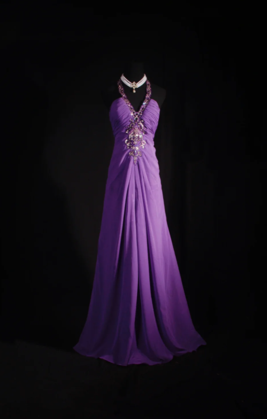Elegant Sheath Purple Long Prom Dresses V-neck Birthday Dresses Beaded Chiffon Sleevless Evening Dresses DP04428