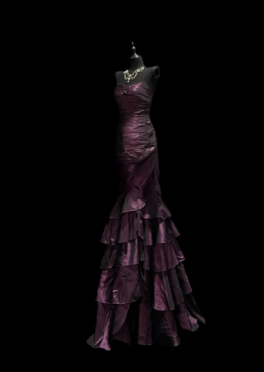 Elegant Mermaid Dark Purple Long Prom Dresses Strapless Birthday Dresses Beaded Satin Sleevless Evening Dresses DP04429