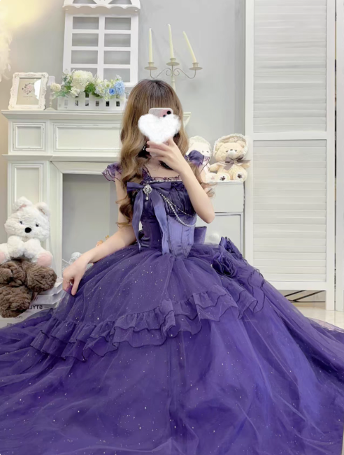 Cute Green A-Line Lolita Dresses Off-shoulder Tulle Birthday Dresses Glitter Long Prom Dresses DP04441