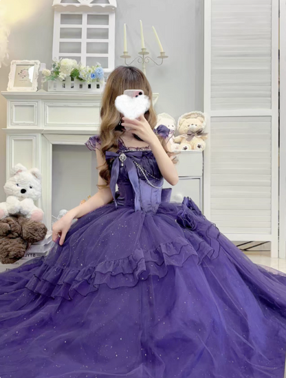 Cute Green A-Line Lolita Dresses Off-shoulder Tulle Birthday Dresses Glitter Long Prom Dresses DP04441