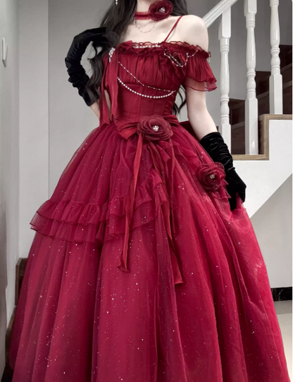 Cute Green A-Line Lolita Dresses Off-shoulder Tulle Birthday Dresses Glitter Long Prom Dresses DP04441