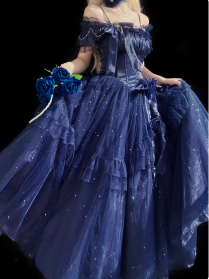 Cute Green A-Line Lolita Dresses Off-shoulder Tulle Birthday Dresses Glitter Long Prom Dresses DP04441
