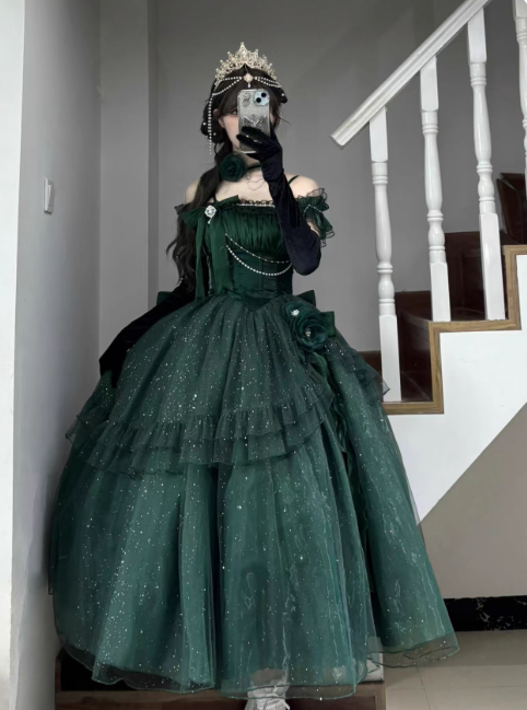 Cute Green A-Line Lolita Dresses Off-shoulder Tulle Birthday Dresses Glitter Long Prom Dresses DP04441