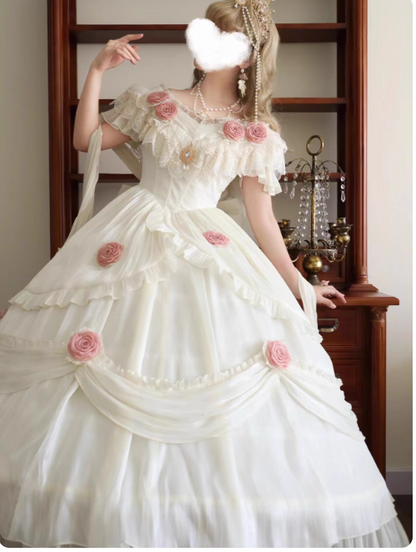 Cute Ball Gown White Lolita Dresses Off-shoulder Tulle Birthday Dresses Sweet Appliques Long Prom Dresses DP04442
