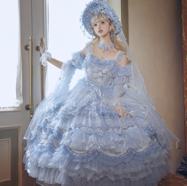 Cute Blue Lolita Dresses Off-shoulder Tulle Birthday Dresses Sweet Tiered Long Prom Dresses DP04443