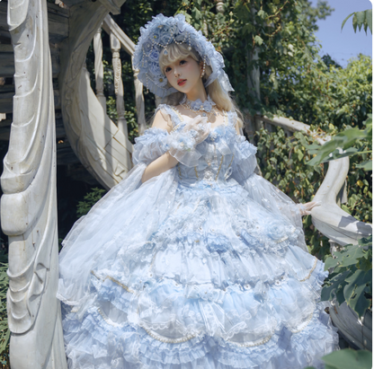 Cute Blue Lolita Dresses Off-shoulder Tulle Birthday Dresses Sweet Tiered Long Prom Dresses DP04443