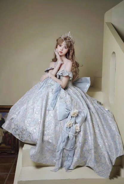 Cute Blue Lolita Dresses Off-shoulder Satin Birthday Dresses Sweet Long Prom Dresses DP04444