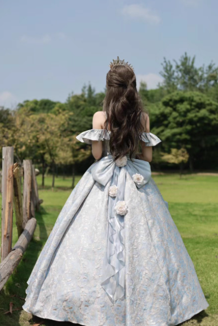Cute Blue Lolita Dresses Off-shoulder Satin Birthday Dresses Sweet Long Prom Dresses DP04444