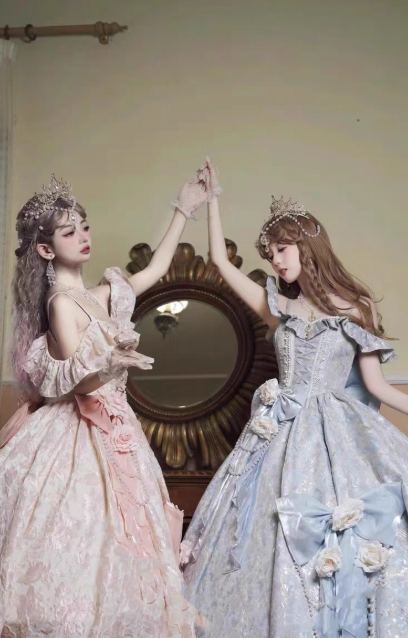 Cute Blue Lolita Dresses Off-shoulder Satin Birthday Dresses Sweet Long Prom Dresses DP04444
