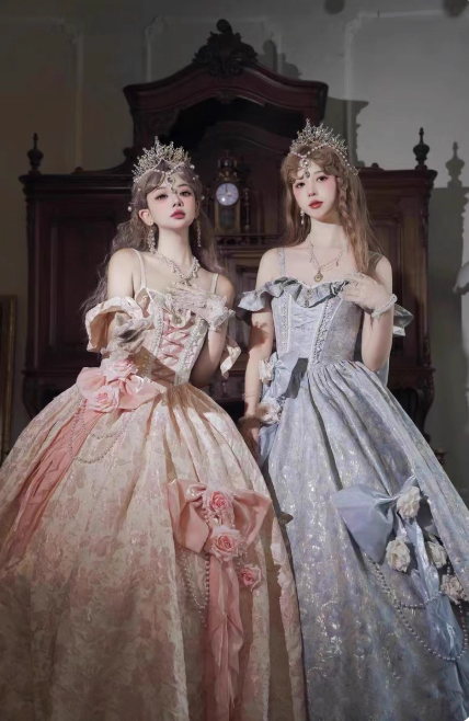 Cute Blue Lolita Dresses Off-shoulder Satin Birthday Dresses Sweet Long Prom Dresses DP04444