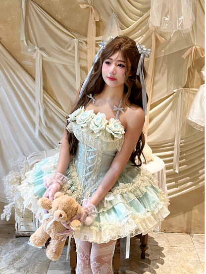 Cute Pink Lolita Dresses Halter Flowers Lace Birthday Dresses Sweet Long Prom Dresses DP04446