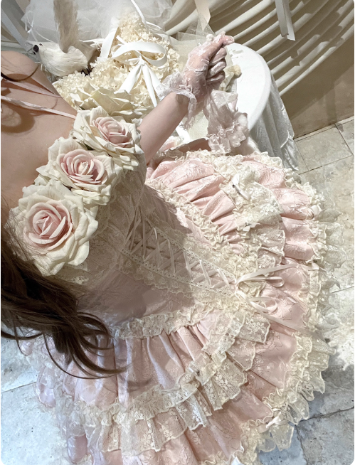 Cute Pink Lolita Dresses Halter Flowers Lace Birthday Dresses Sweet Long Prom Dresses DP04446