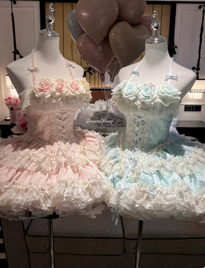Cute Pink Lolita Dresses Halter Flowers Lace Birthday Dresses Sweet Long Prom Dresses DP04446