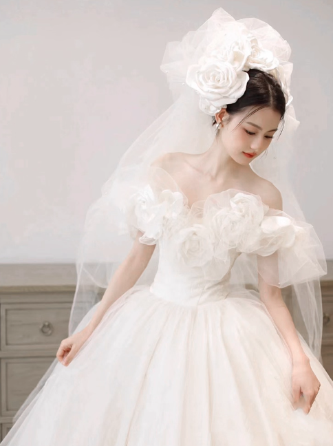 Elegant A-Line Long Weeding Dresses Tulle White Bridal Dresses Cup Sleeves Bridal Gowns DP04448