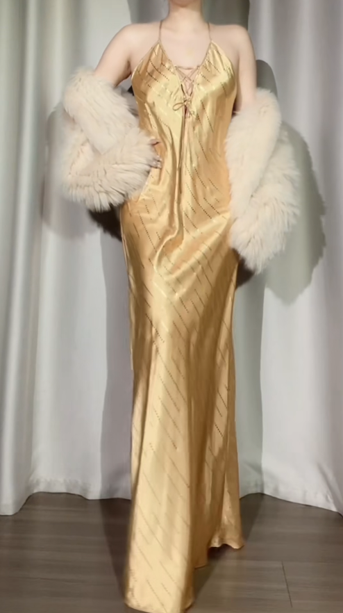 Chic Sheath Long Prom Dresses Satin Gold Birthday Drseses Sleeveless Evening Dresses DP04460