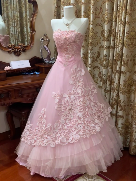 Cute A-Line Long Prom Dresses Tulle Pink Quinceanera Dresses Strapless Sweet 16 Dresses DP04476