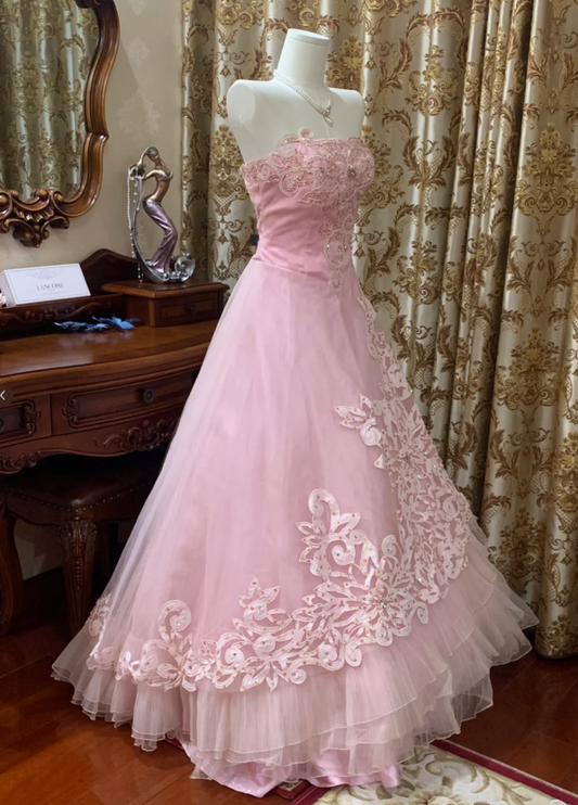 Cute A-Line Long Prom Dresses Tulle Pink Quinceanera Dresses Strapless Sweet 16 Dresses DP04476