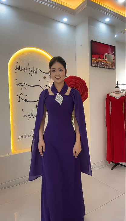 Glam Purple Sheath Long Prom Dresses Chiffon Halter Evening Dresses DP04479