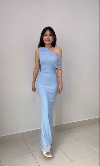 Elegant Blue Sheath Bridesmaid Dresses Chiffon One-shoulder Evening Dresses DP04525