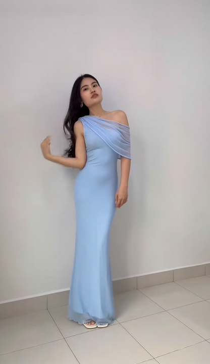 Elegant Blue Sheath Bridesmaid Dresses Chiffon One-shoulder Evening Dresses DP04525