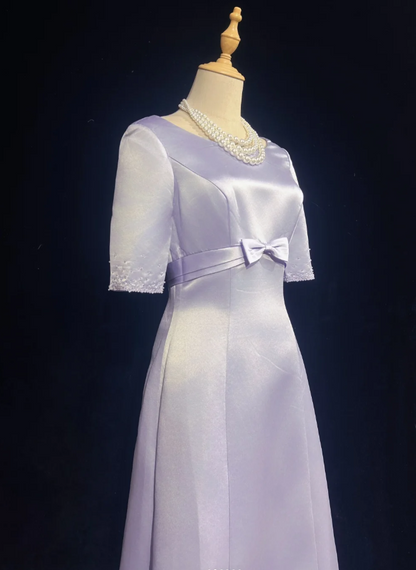 Elegant A-Line Long Evening Dresses Satin Short Sleeves Purple Mother of Bride Dresses DP04546