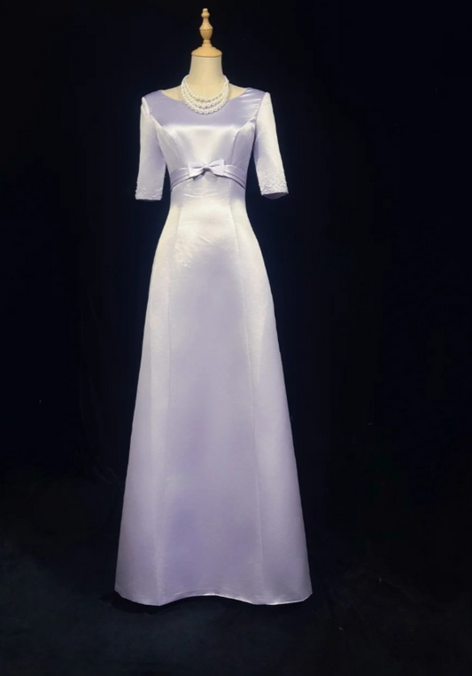 Elegant A-Line Long Evening Dresses Satin Short Sleeves Purple Mother of Bride Dresses DP04546