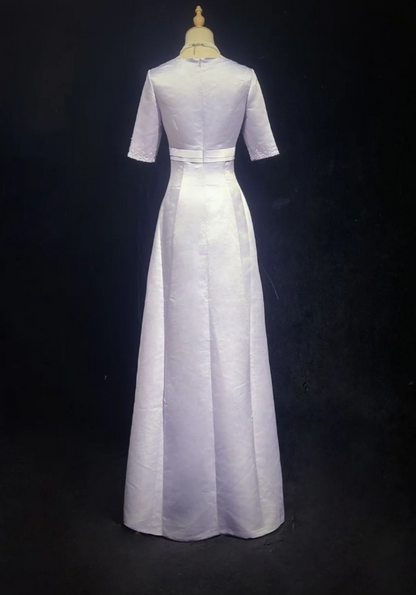 Elegant A-Line Long Evening Dresses Satin Short Sleeves Purple Mother of Bride Dresses DP04546
