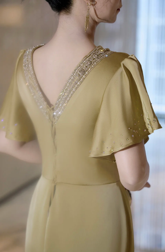 Elegant Sheath Long Evening Dresses Satin Short Sleeves Olive Green Mother of Bride Dresses DP04547