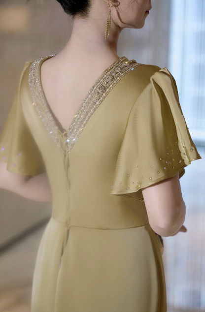 Elegant Sheath Long Evening Dresses Satin Short Sleeves Olive Green Mother of Bride Dresses DP04547