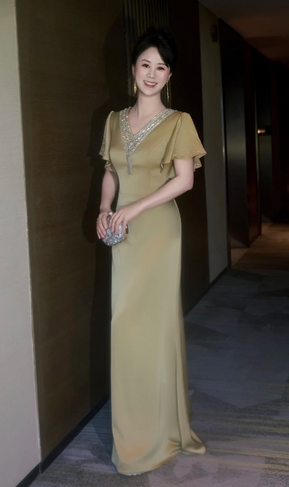 Elegant Sheath Long Evening Dresses Satin Short Sleeves Olive Green Mother of Bride Dresses DP04547