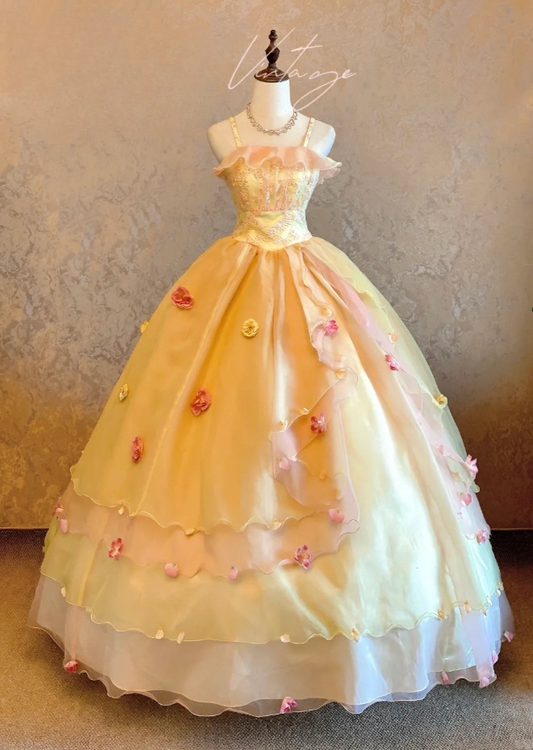 Gorgeous Strapless A-Line Long Prom Dresses Tulle Sleeveless Yellow Quinceanera Dresses Sweet 16 Dresses DP04553