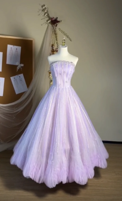 Gorgeous Strapless A-Line Long Prom Dresses Tulle Sleeveless Purple Quinceanera Dresses Sweet 16 Dresses DP04554