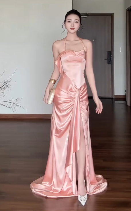 Elegant Halter Sheath Long Evening Dresses Satin Sleeveless Pink Wedding Guest Dresses DP04555