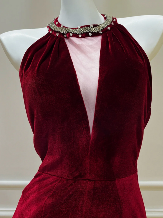 Elegant Sheath Burgundy Wedding Guest Dresses Velvet V-neck Long Evening Dresses DP04556