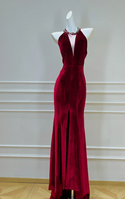 Elegant Sheath Burgundy Wedding Guest Dresses Velvet V-neck Long Evening Dresses DP04556