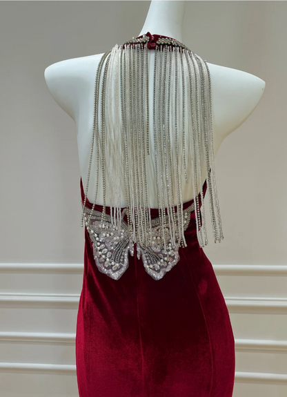 Elegant Sheath Burgundy Wedding Guest Dresses Velvet V-neck Long Evening Dresses DP04556