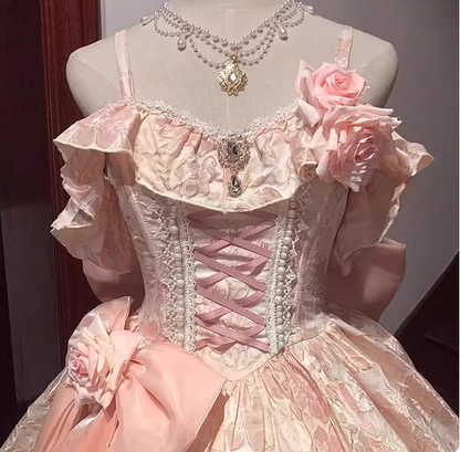Cute Spaghetti Straps  A-Line Lolita Dresses  Sleeveless Pink Birthday Dresses Satin Party Dresses DP04559