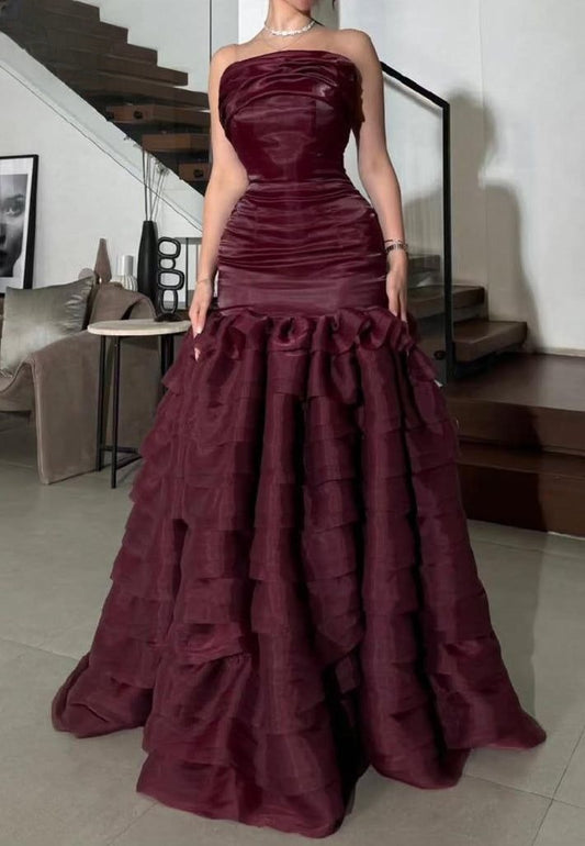 Chic Sheath Evening Dresses Strapless Burgundy Long Prom Dresses Tulle Sleeveless Brithday Dresses  DP04568