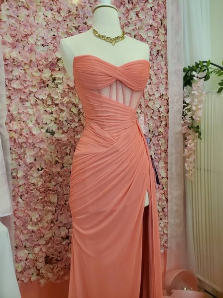 Chic Sheath Evening Dresses Sweetheart Coral Long Prom Dresses Chiffon Sleeveless Brithday Dresses   DP04569