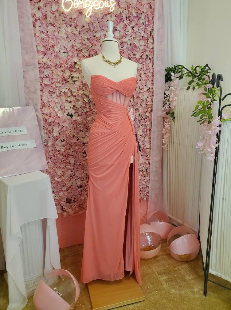 Chic Sheath Evening Dresses Sweetheart Coral Long Prom Dresses Chiffon Sleeveless Brithday Dresses   DP04569