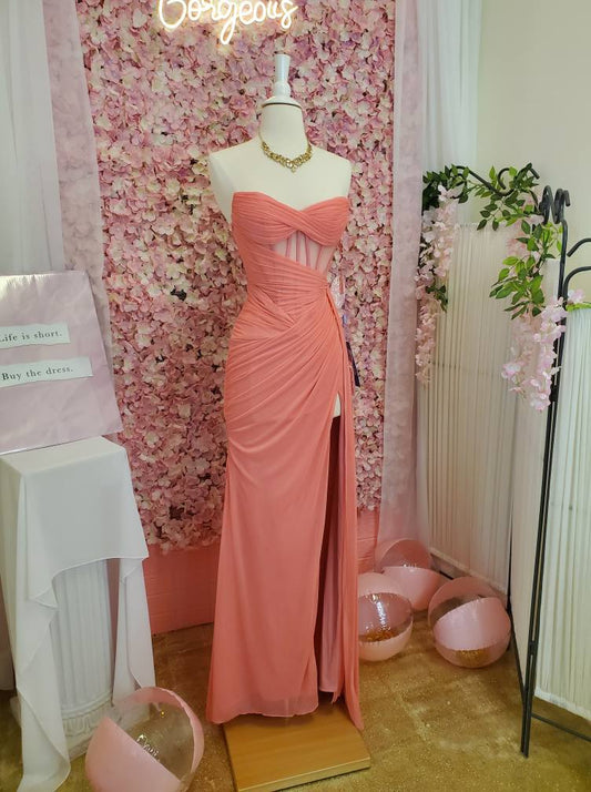 Chic Sheath Evening Dresses Sweetheart Coral Long Prom Dresses Chiffon Sleeveless Brithday Dresses   DP04569