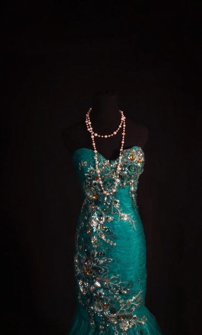 Chic Mermaid Evening Dresses Sweetheart Green Long Prom Dresses Beaded Tulle Sleeveless Brithday Dresses DP04571