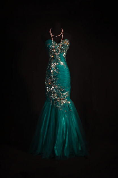 Chic Mermaid Evening Dresses Sweetheart Green Long Prom Dresses Beaded Tulle Sleeveless Brithday Dresses DP04571