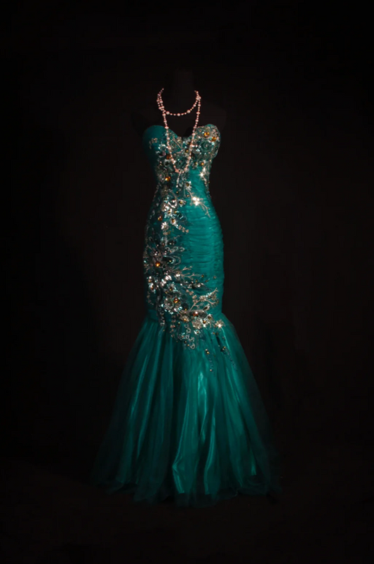 Chic Mermaid Evening Dresses Sweetheart Green Long Prom Dresses Beaded Tulle Sleeveless Brithday Dresses DP04571