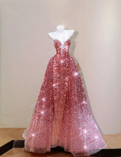 Chic A-Line Evening Dresses Sweetheart Burgundy Long Prom Dresses Sequins Tulle Sleeveless Brithday Dresses DP04572