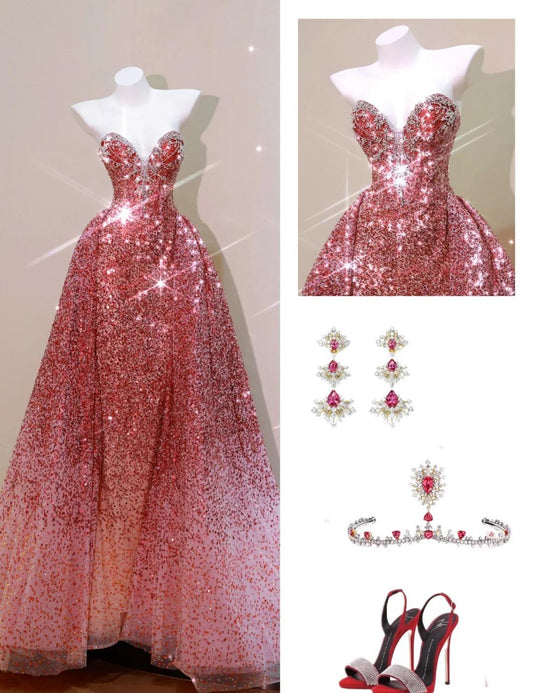 Chic A-Line Evening Dresses Sweetheart Burgundy Long Prom Dresses Sequins Tulle Sleeveless Brithday Dresses DP04572