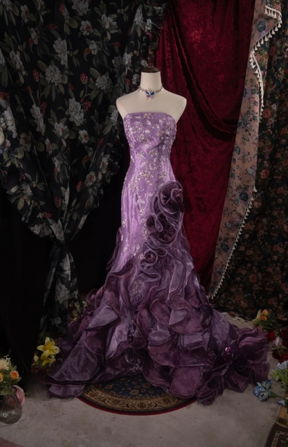 Elegant Sheath Evening Dresses Strapless Purple Long Prom Dresses Beaded Satin Sleeveless Brithday Dresses   DP04578